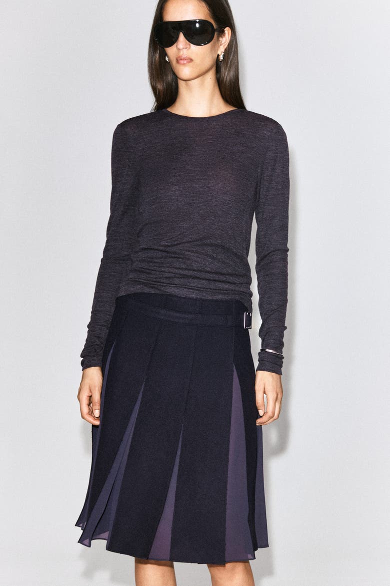 Belted Pleated Wool-Blend Skirt, Alternate, color, NAVY