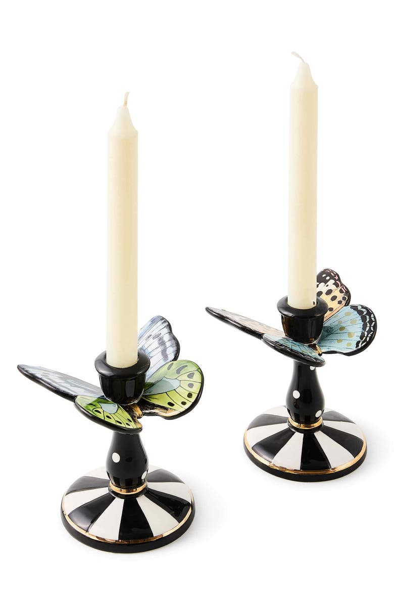 MACKENZIE CHILDS Butterfly Toile Set of 2 Candleholders, Alternate, color, Black