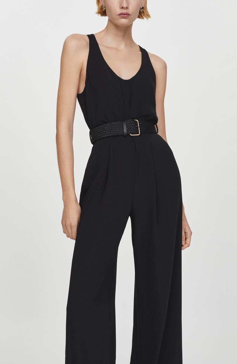 MANGO Belted Sleeveless Jumpsuit, Alternate, color, Black