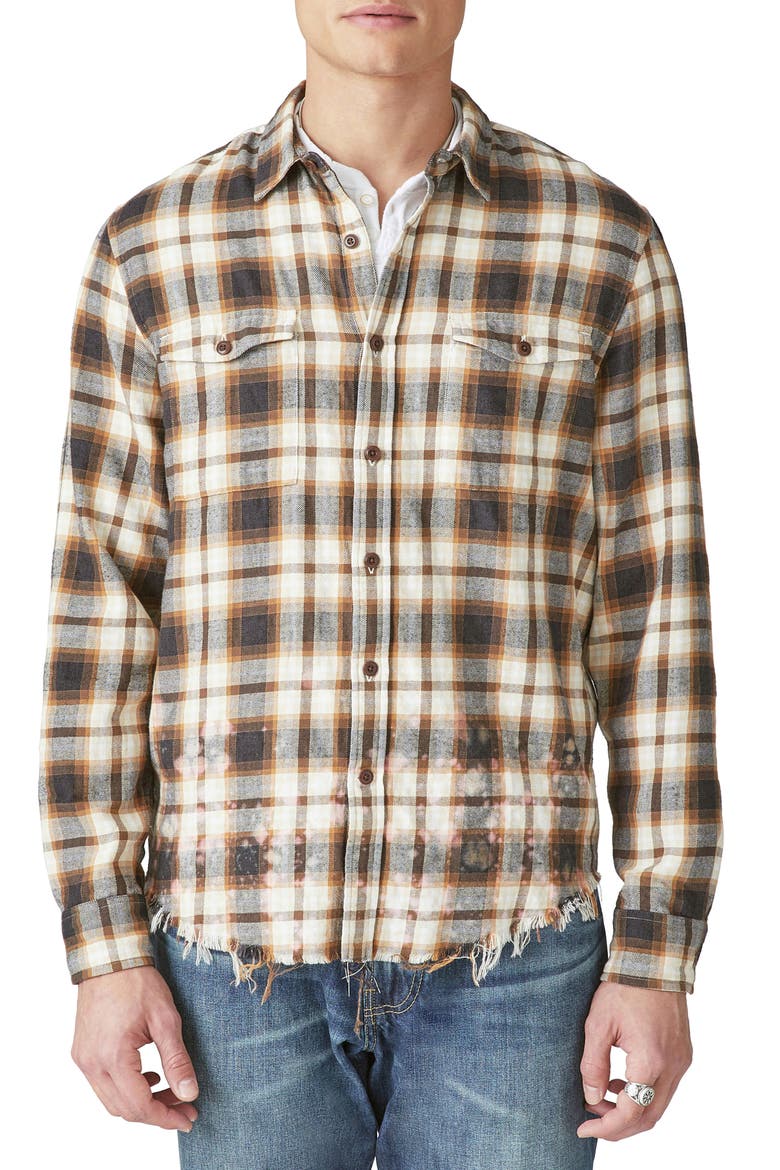 Acid Wash Frayed Hem Plaid Flannel Button-Up Shirt, Main, color, BROWN PLAID