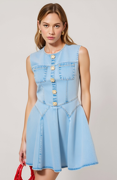 Modenaire Sleeveless Denim Mini Dress With Button Front And Flared Skirt In Blue