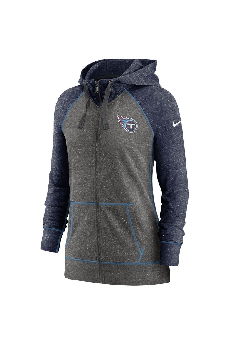 Women's Nike Heathered Charcoal/Navy Tennessee Titans Gym Vintage Raglan Full-Zip Hoodie, Alternate, color, Heather Charcoal