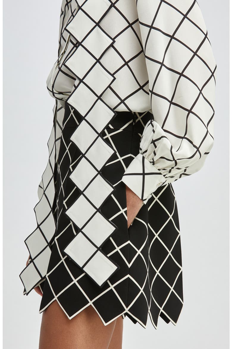 Windowpane Tie Neck Crepe Blouse, Alternate, color, IVORY/ BLACK