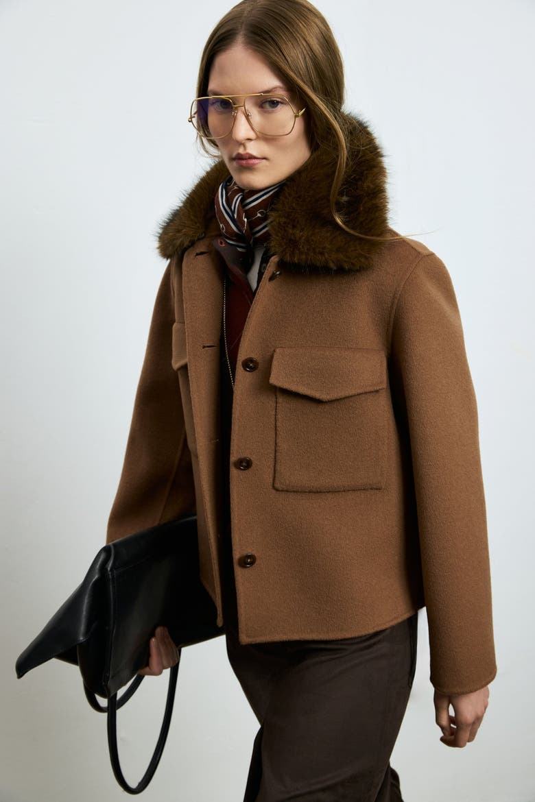 Women's Wool-blend Button-front Shirt Jacket With Removable Fur Collar, Alternate, color, Camel