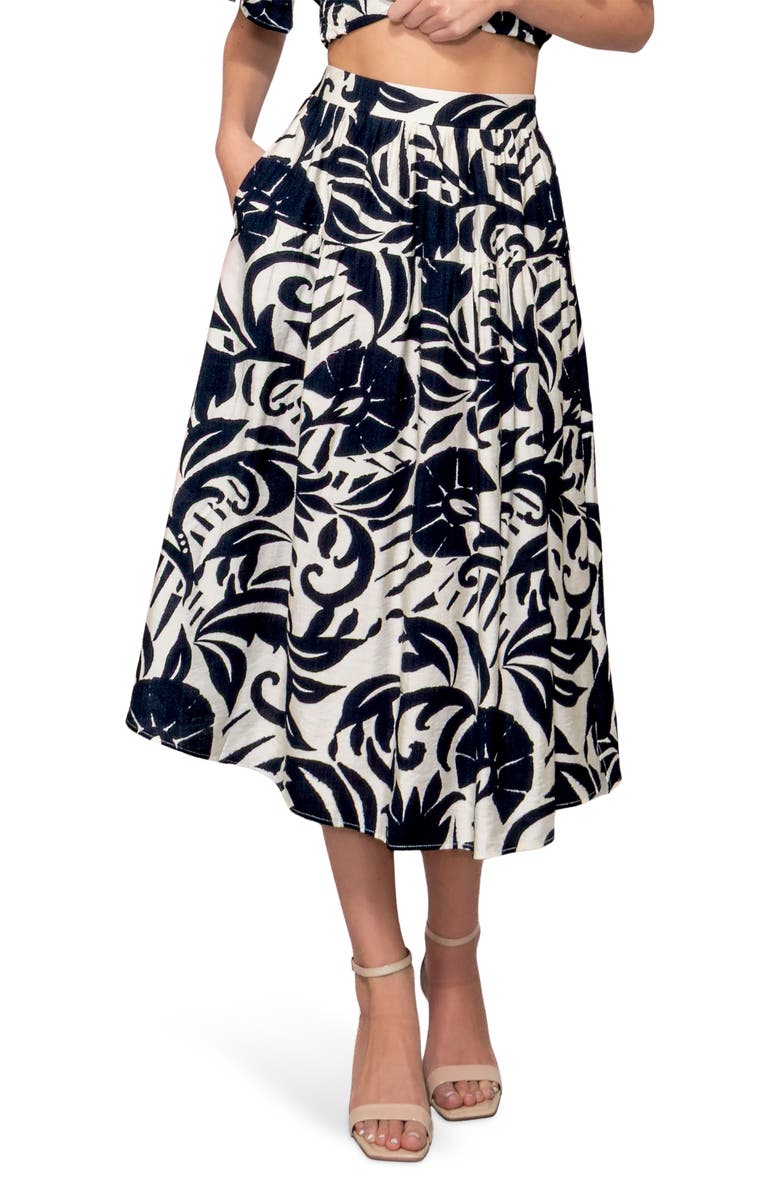 MELLODAY Tiered Midi Skirt, Main, color, Navy/ White