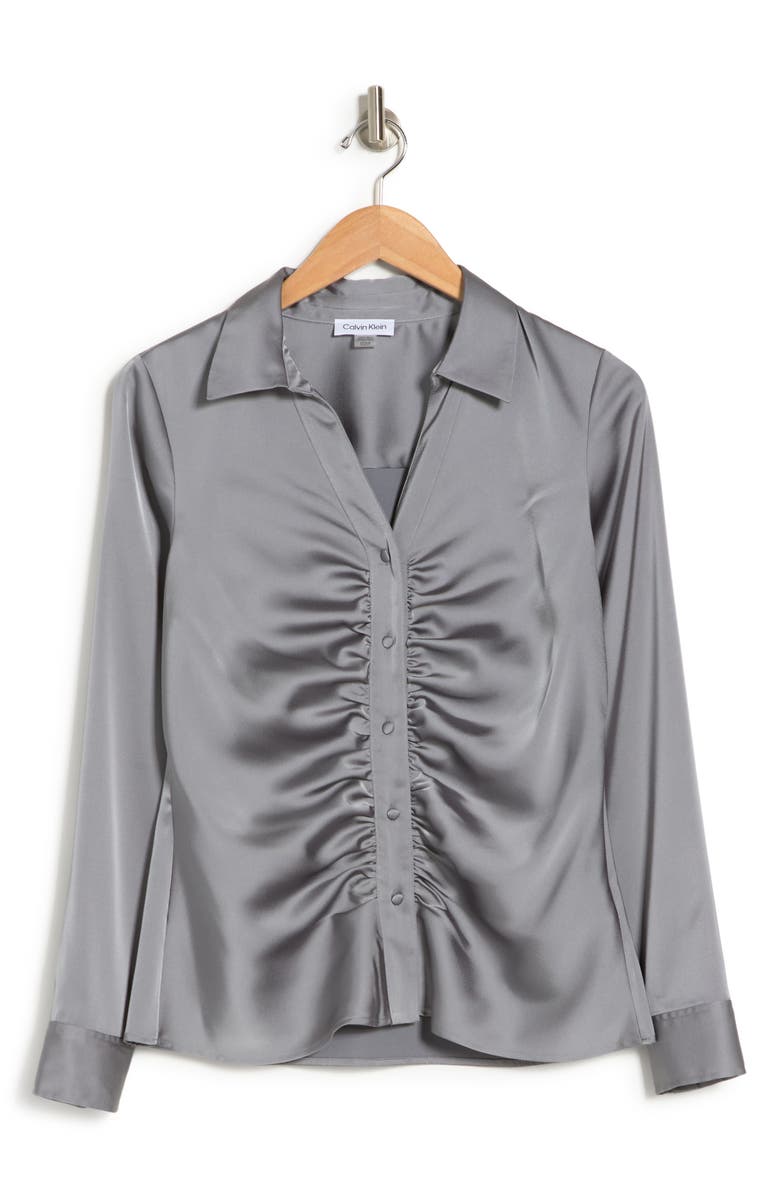 Calvin Klein Ruched Long Sleeve Satin Button-Up Shirt, Alternate, color, 