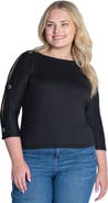 24seven Comfort Apparel Plus Size Three Quarter Sleeve Boat Neck Cold Shoulder Grommet Detail Top