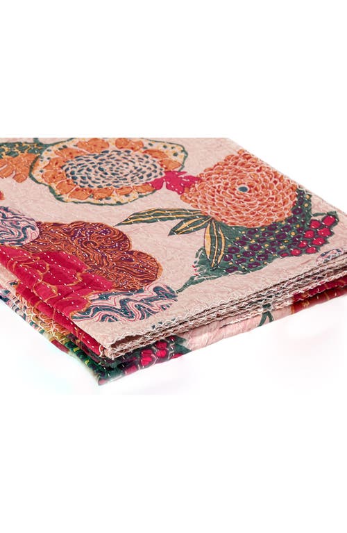 Taj Hotel Vintage Cotton Kantha Throw Blanket In Multi Pale Pink Floral