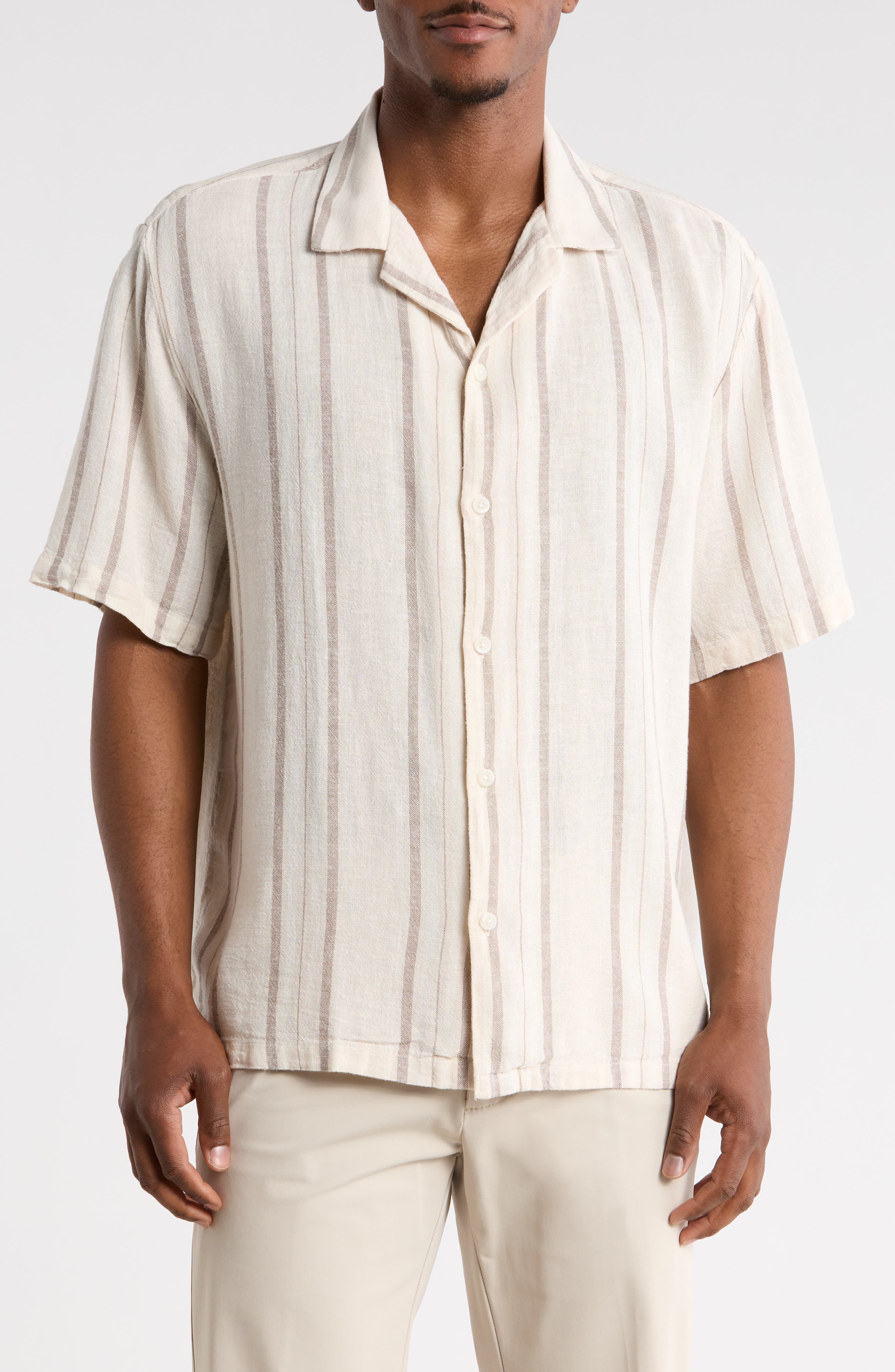 DENIM AND FLOWER Stripe Linen Blend Camp Shirt