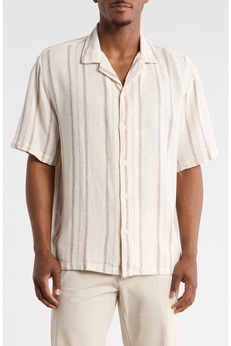 Stripe Linen Blend Camp Shirt, Main, color, BEIGE