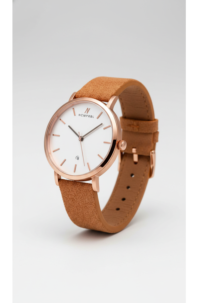 NCMPRBL Lucky Me Genuine Suede Leather Strap Watch, 40MM, Main, color, Tan/Eggshell White/Rose Gold