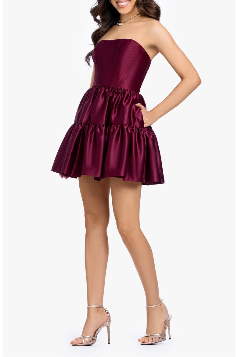 Satin Strapless Corset Tiered Cocktail Minidress, Alternate, color, WINE