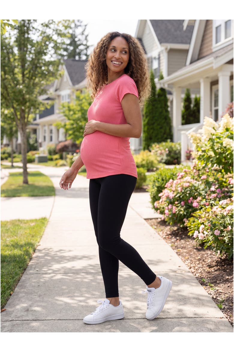 Maternity Basic Ribbed Knit Round Neck Short Sleeve Top, Alternate, color, White