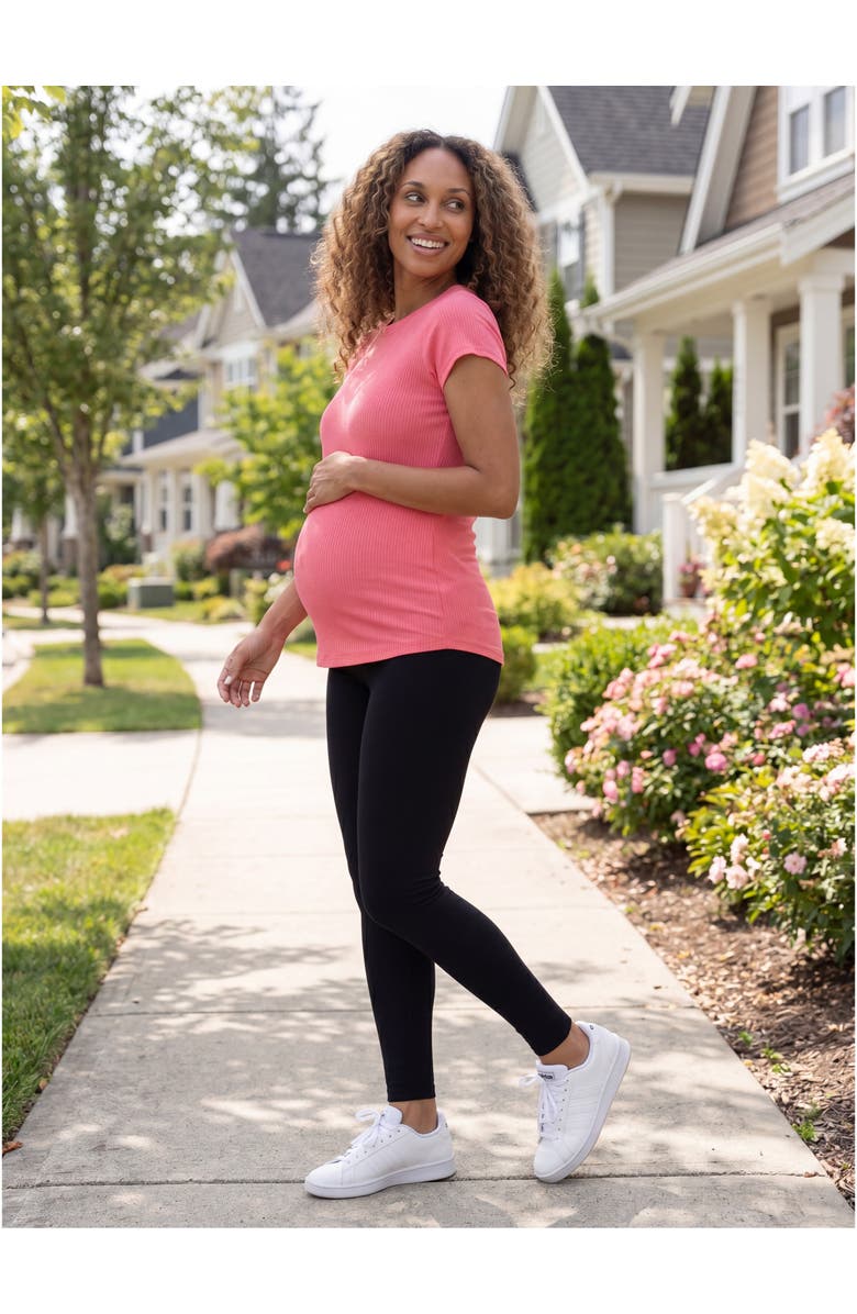 24seven Comfort Apparel Maternity Basic Ribbed Knit Round Neck Short Sleeve Top, Alternate, color, Black