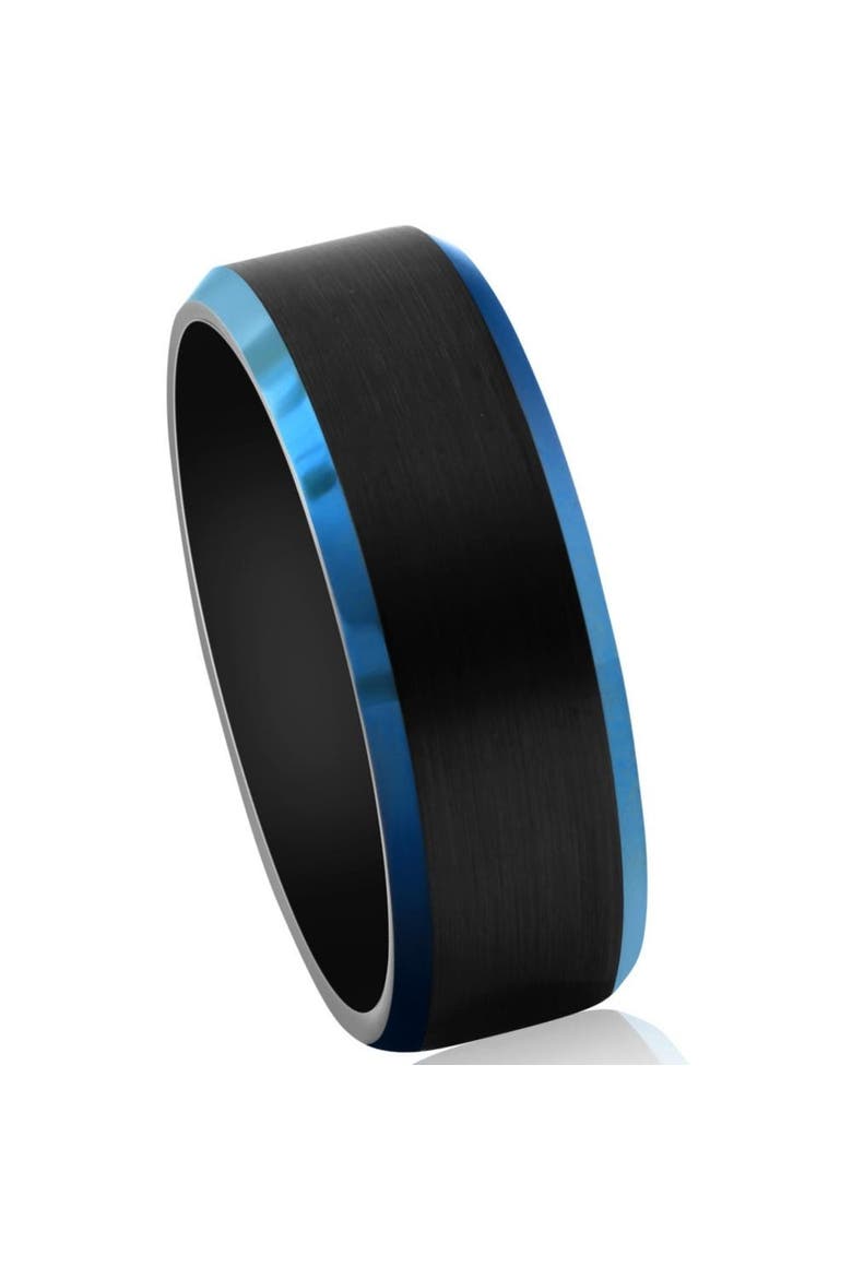 Men's Brushed Black Tungsten Ring Blue Polished Beveled Edge 8mm Wedding Band, Alternate, color, Black Tungsten