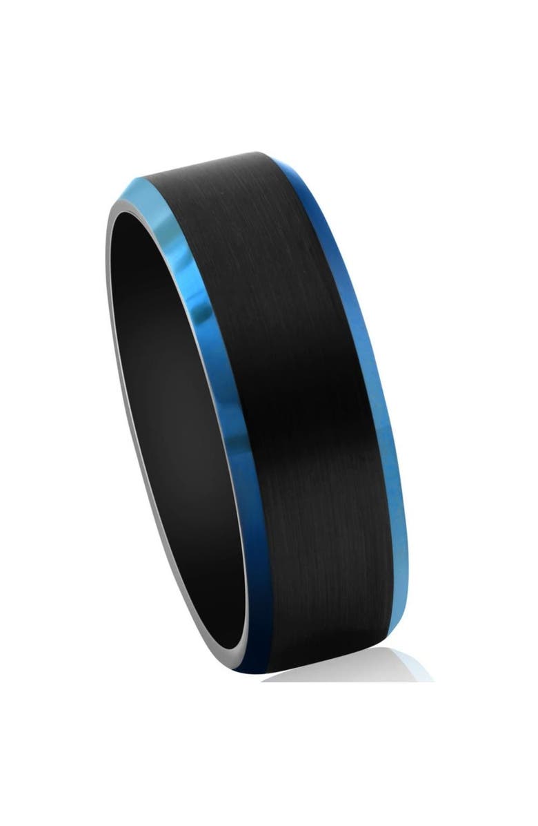 Bliss Diamond Men's Brushed Black Tungsten Ring Blue Polished Beveled Edge 8mm Wedding Band, Alternate, color, Black Tungsten