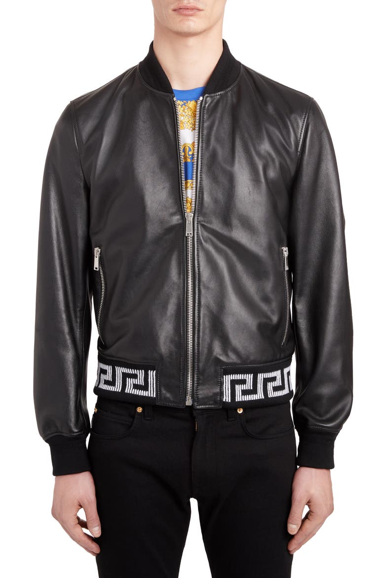 Leather Bomber Jacket, Alternate, color, BLACK