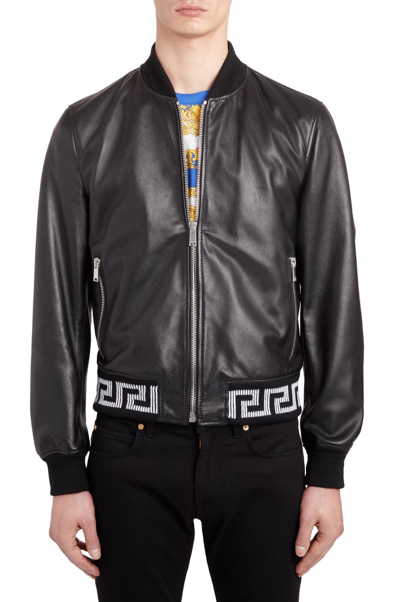 Versace Leather Bomber Jacket, Alternate, color, 