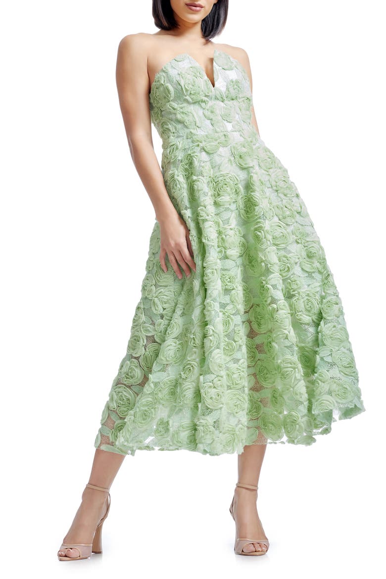Briella Rosette Strapless Fit & Flare Dress, Main, color, SAGE