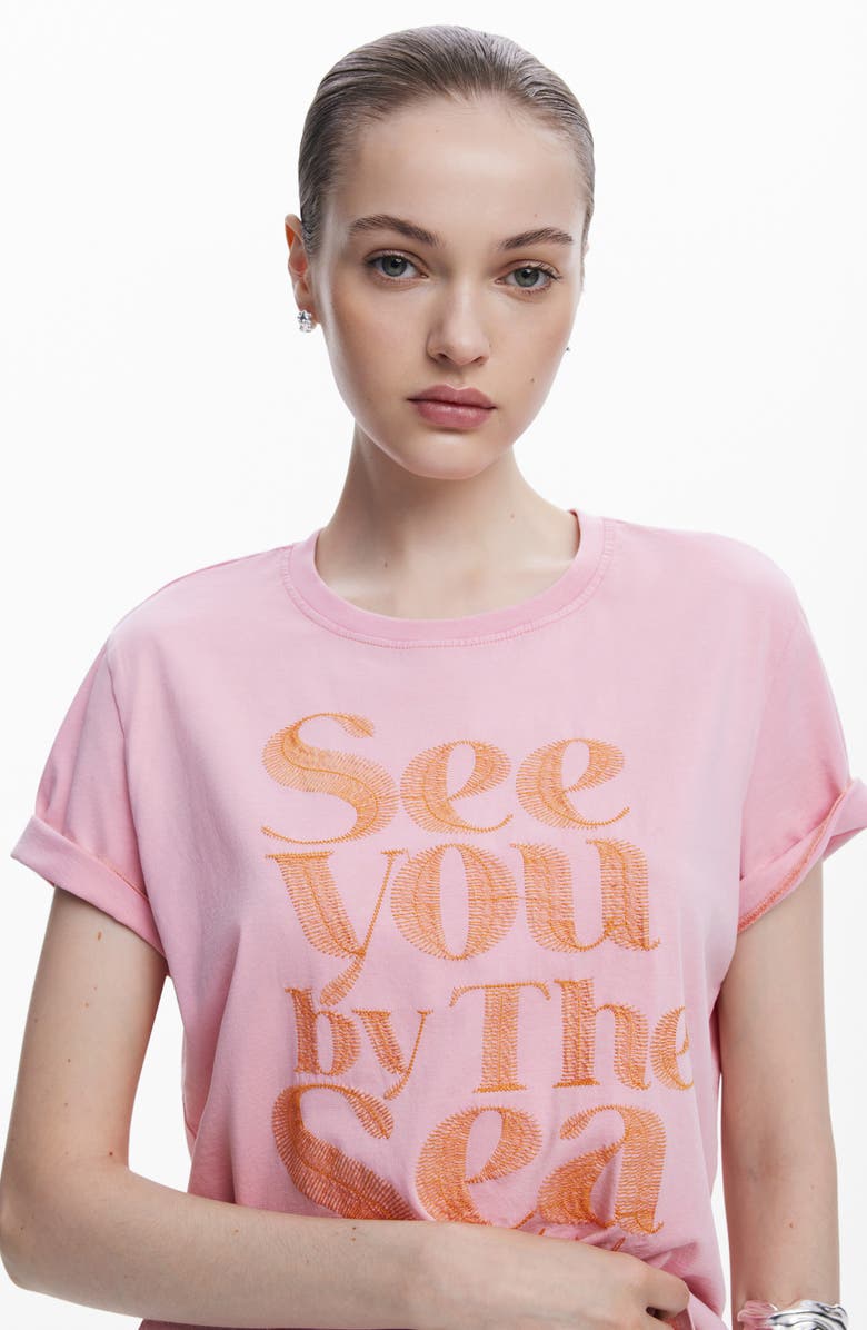 Desigual By the Sea Embroidered Cotton T-Shirt, Alternate, color, Pink