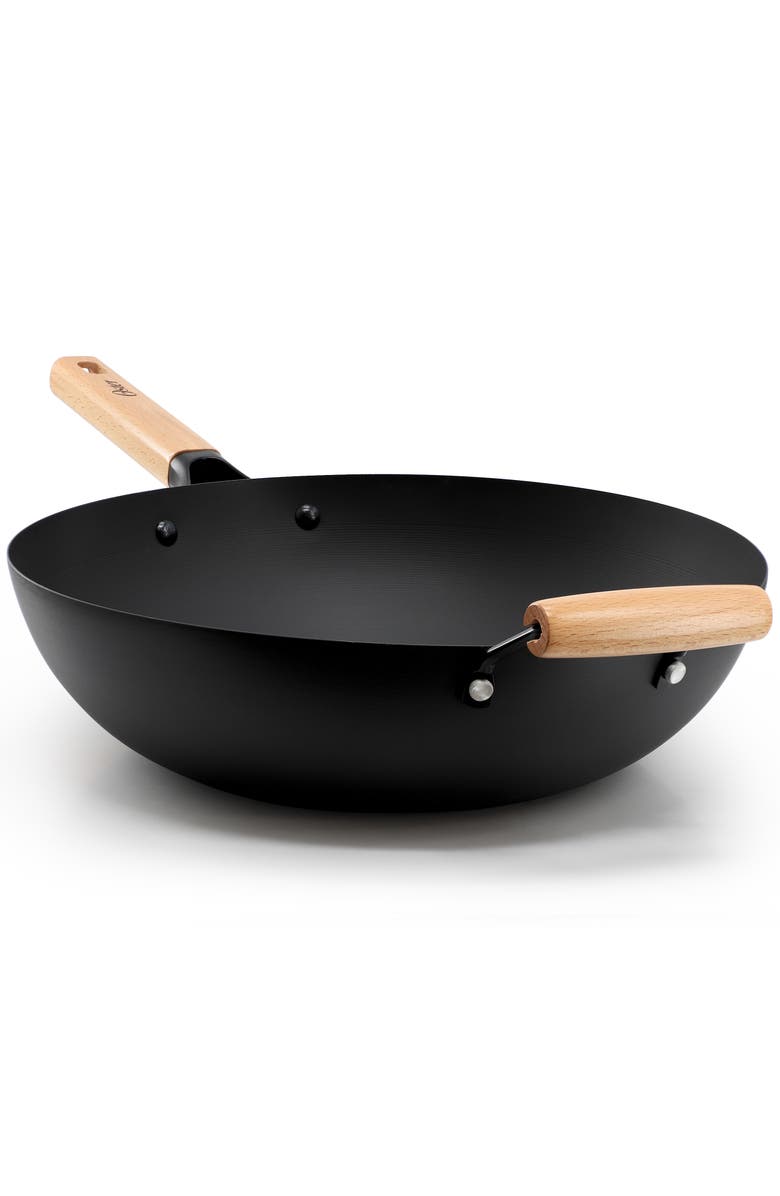 OSTER Northcliffe 13.5 Inch Round Carbon Steel Flat Base Wok with Wooden Handles, Alternate, color, Black