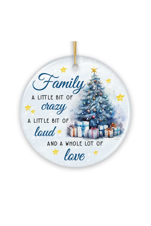 Family Love Blue Christmas Tree Round Ceramic Ornament