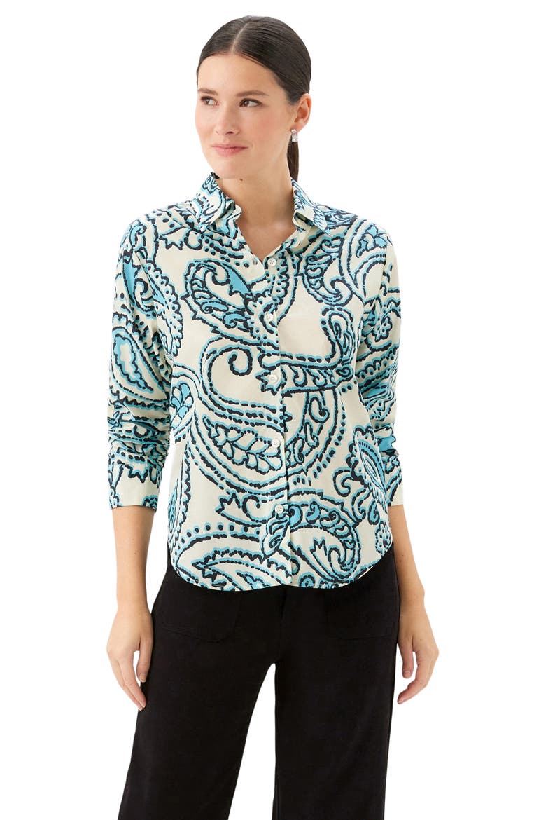 Ruched Sleeve Shirt, Alternate, color, IVORY/ BLUE PRINT