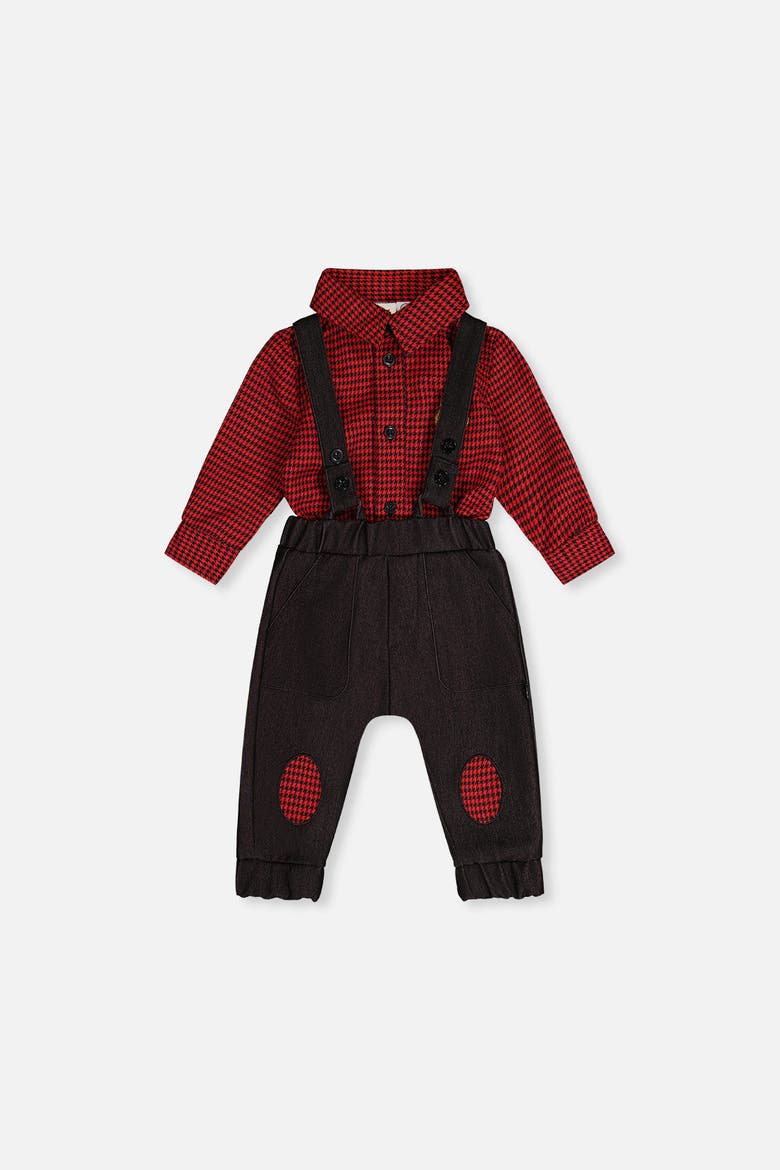 Button Front Bodysuit Suspender Pants Set, Main, color, Black and Red Houndstooth