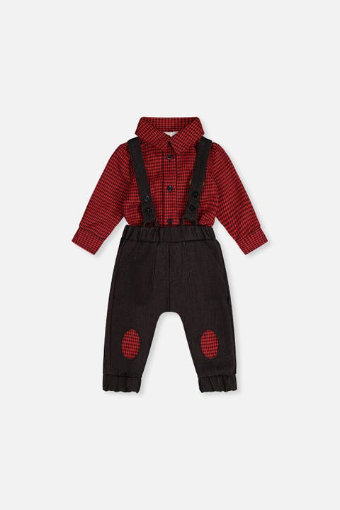 Button Front Bodysuit Suspender Pants Set