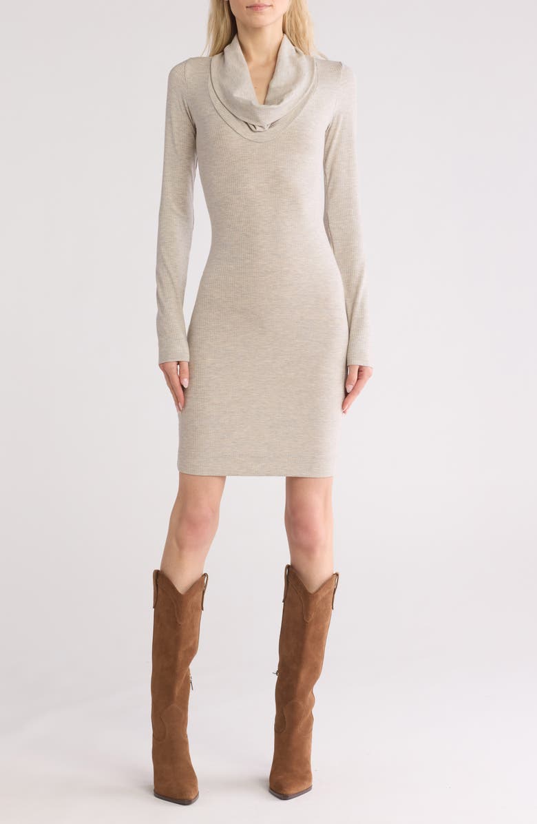 GO COUTURE Cowl Neck Long Sleeve Minidress, Main, color, Marble Rib