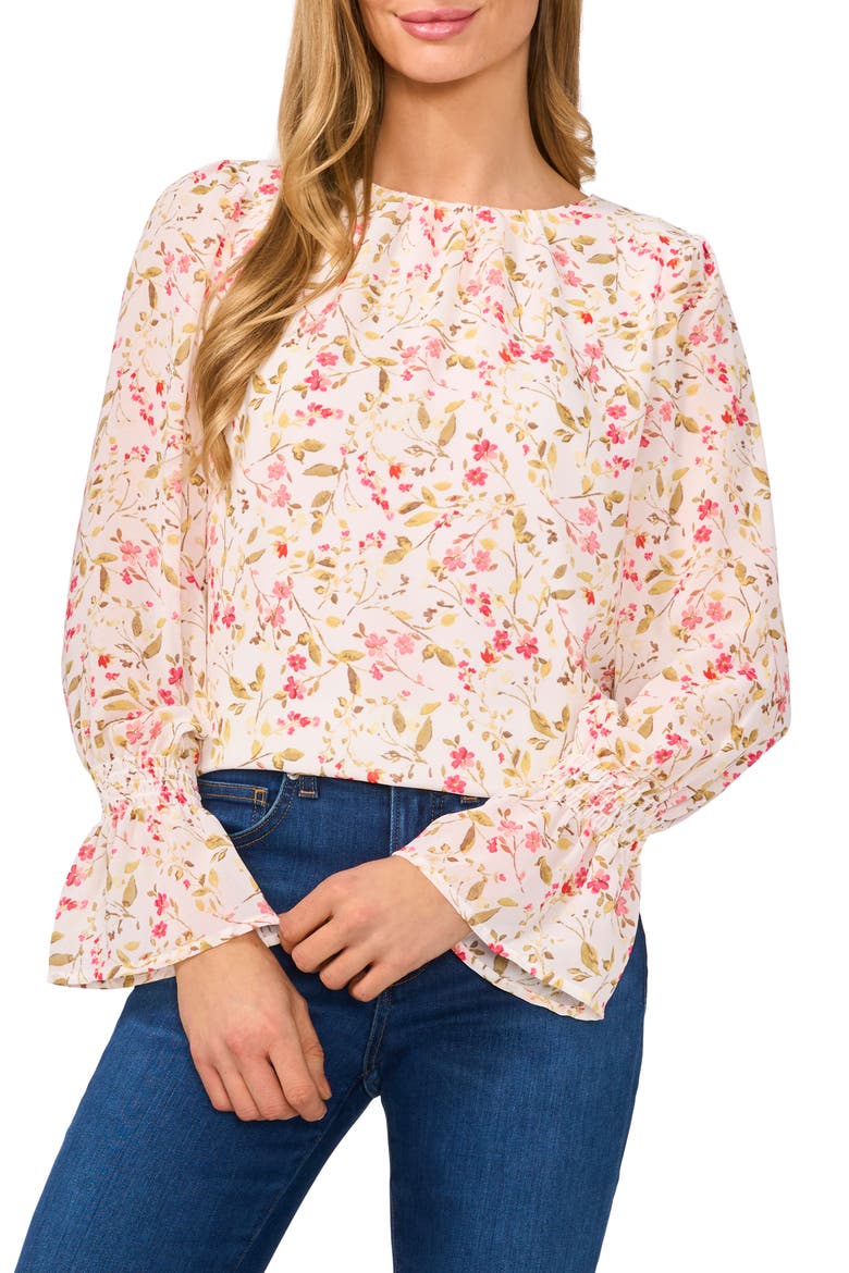 Floral Long Sleeve Ruffle Cuff Georgette Top, Main, color, NEW IVORY