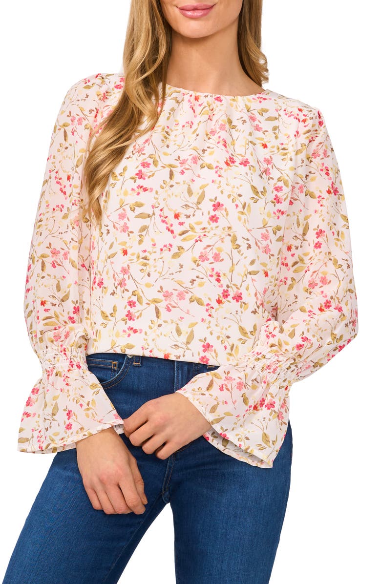 CeCe Floral Long Sleeve Ruffle Cuff Georgette Top, Main, color, New Ivory