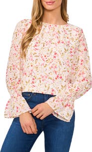 CeCe Floral Long Sleeve Ruffle Cuff Georgette Top