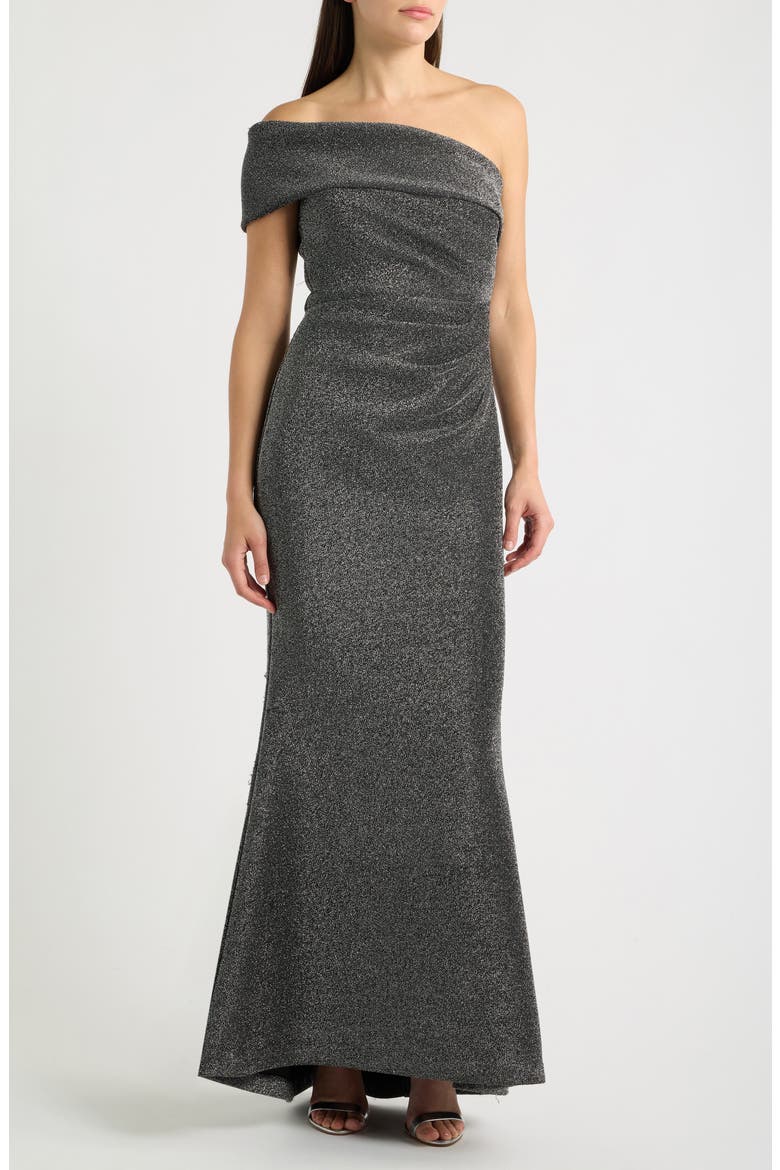 Metallic One-Shoulder Gown, Main, color, BLACK SILV