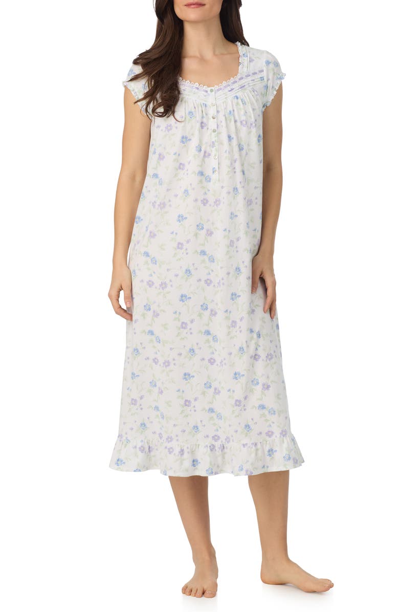Eileen West Cap Sleeve Cotton Jersey Nightgown, Main, color, White/ Print