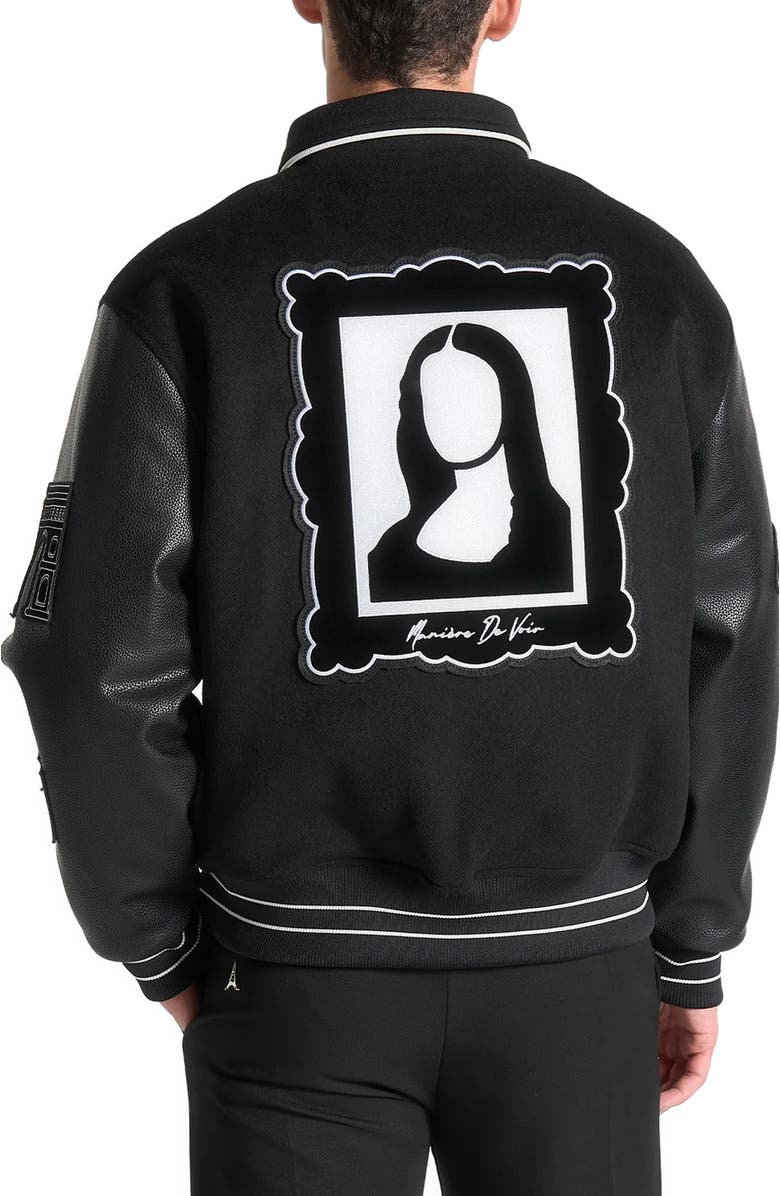 Manière De Voir Oscar Mona Lisa Wool Blend Varsity Jacket, Alternate, color, Black