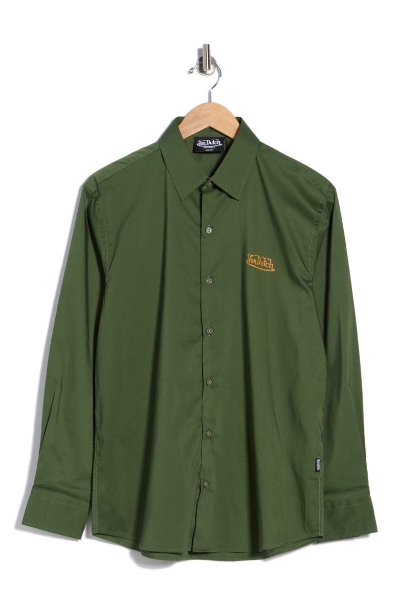 Logo Solid Button-Up Shirt, Alternate, color, OLIVE GREEN