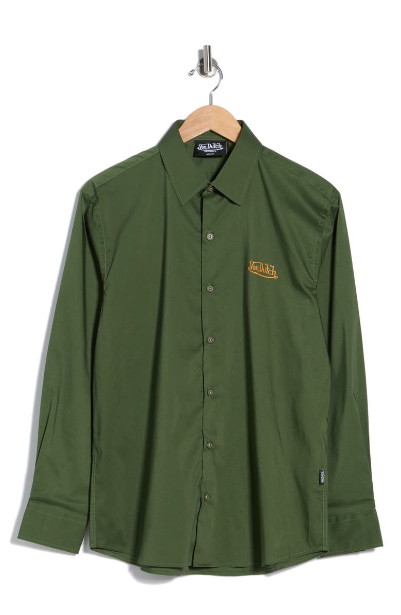 Von Dutch Logo Solid Button-Up Shirt, Main, color, Olive Green