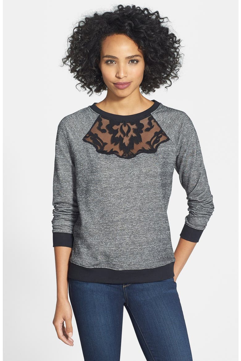 Embroidered Lace Crewneck Sweatshirt, Main, color, HEATHERED GREY