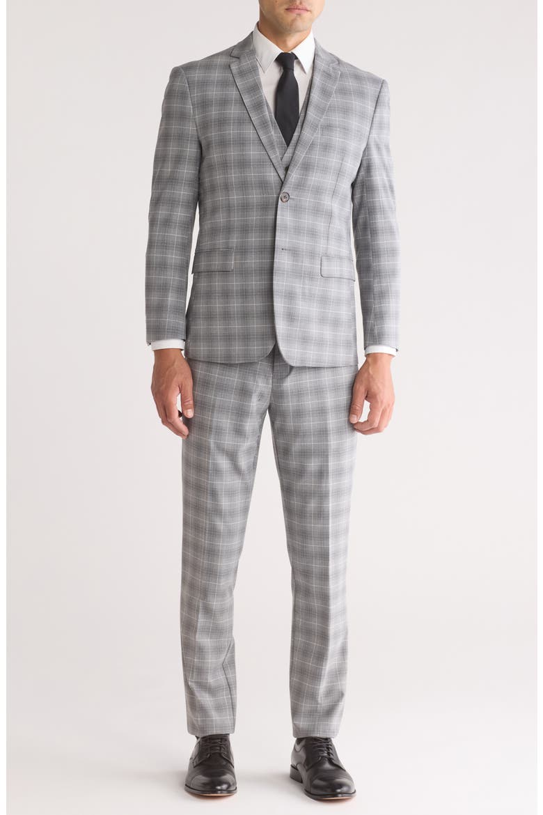 Slim Fit Stretch Windowpane Three-Piece Suit, Main, color, GREY