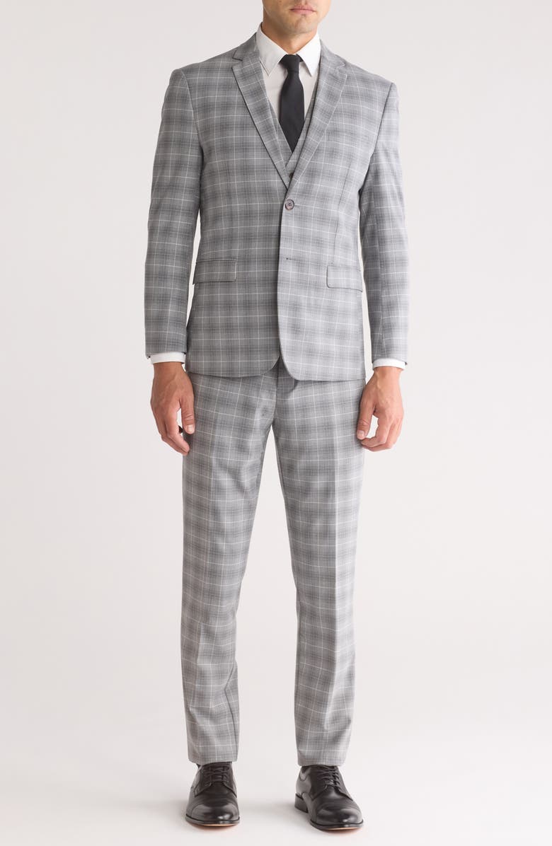 Gino Vitale Slim Fit Stretch Windowpane Three-Piece Suit, Main, color, Grey