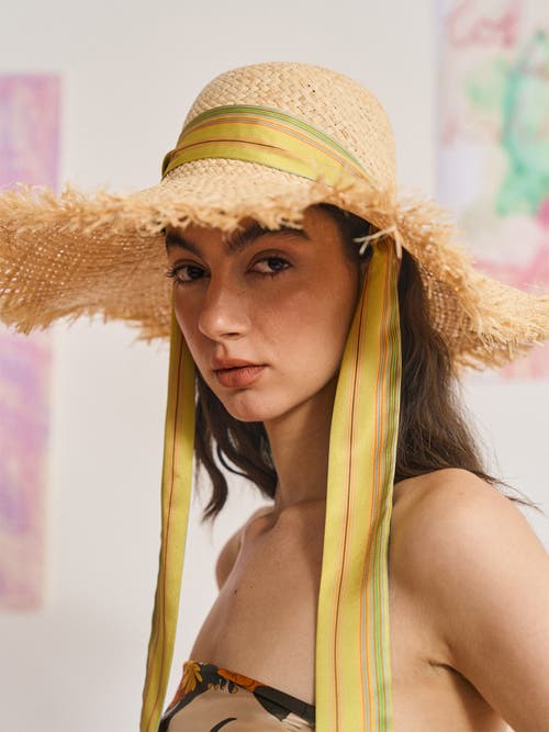 Lost Pattern Nyc Frida X Lost Pattern "frida's Garden" Straw Hat With Ribbon Tie In Gold
