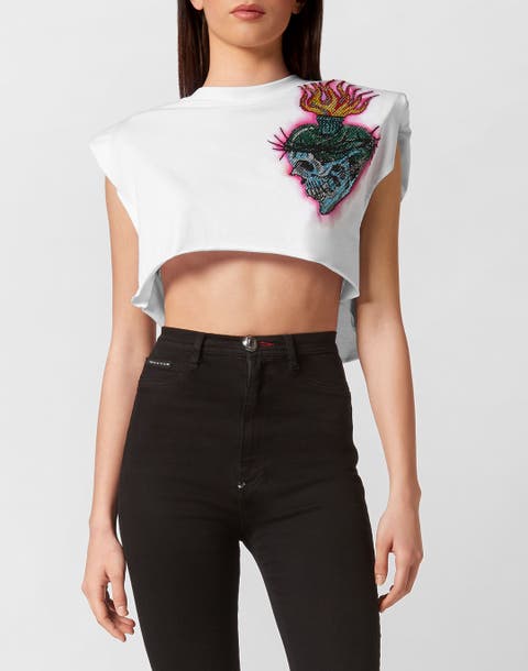 Shoulder Pads Cropped Top Love Tattoo Women