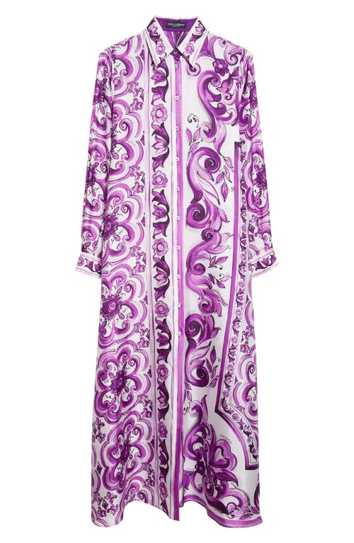 Dolce & Gabbana Dolce&gabbana Majolica Print Long Sleeve Silk Shirtdress In Purple