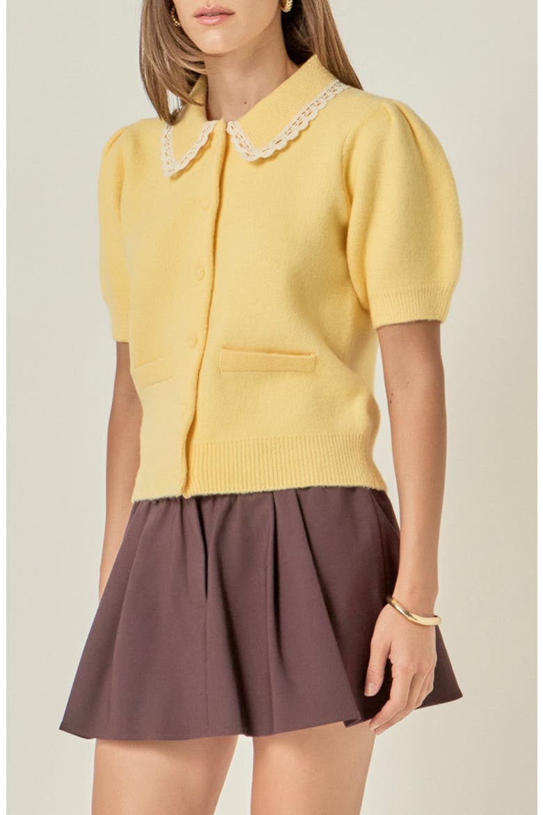Lace Trim Puff Sleeve Cardigan, Alternate, color, BUTTER YELLOW