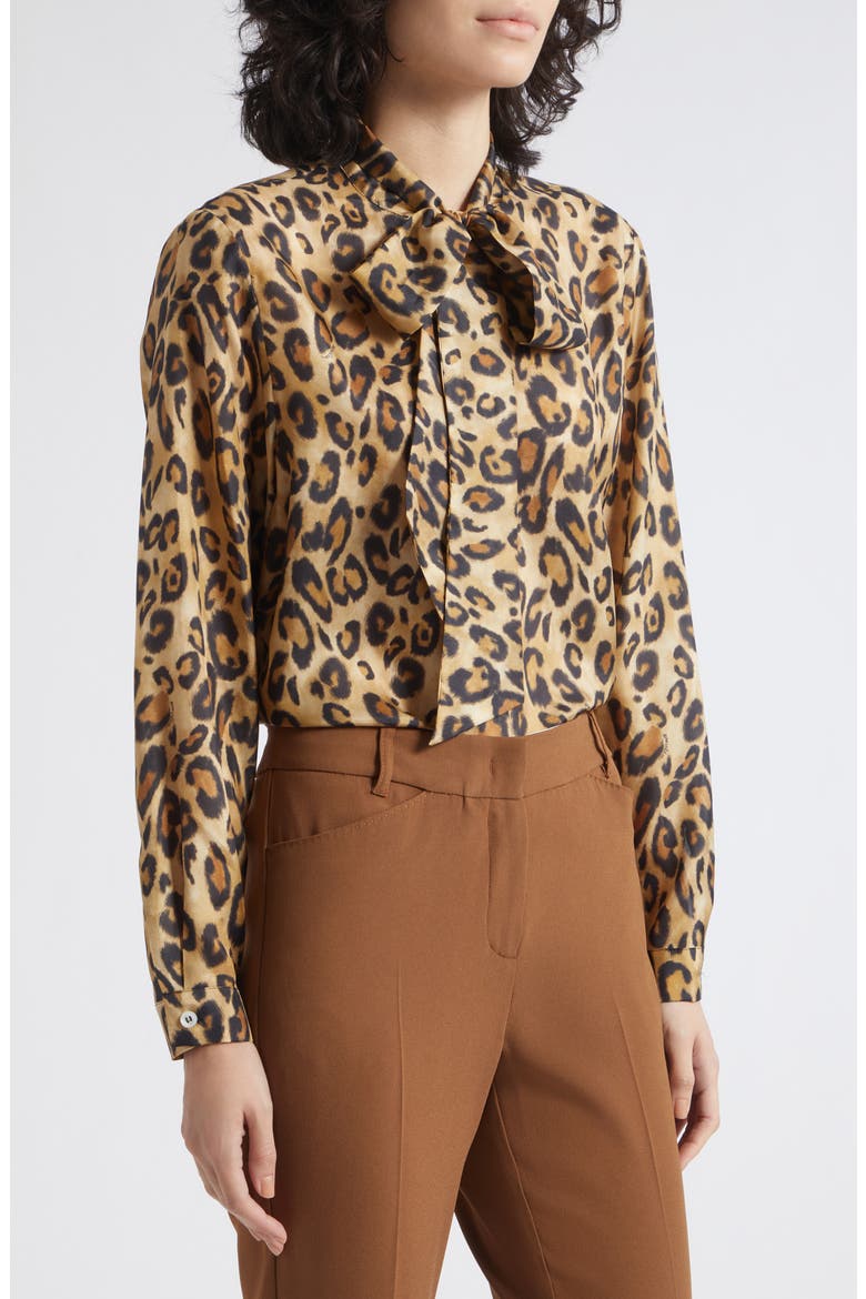 Leopard Printed Silk Tie Neck Shirt, Alternate, color, BEIGE SPOTTED PRINT
