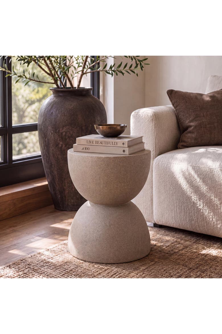 Greta Modern Frosted Textured Hourglass Indoor/Outdoor Stool & Side Table, All-Weather Patio Accent End Table, Alternate, color, Light Brown Frosted