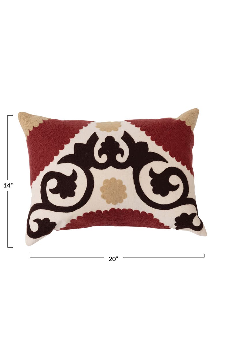 Cotton Embroidered Lumbar Pillow with Suzani Embroidery, Alternate, color, Red