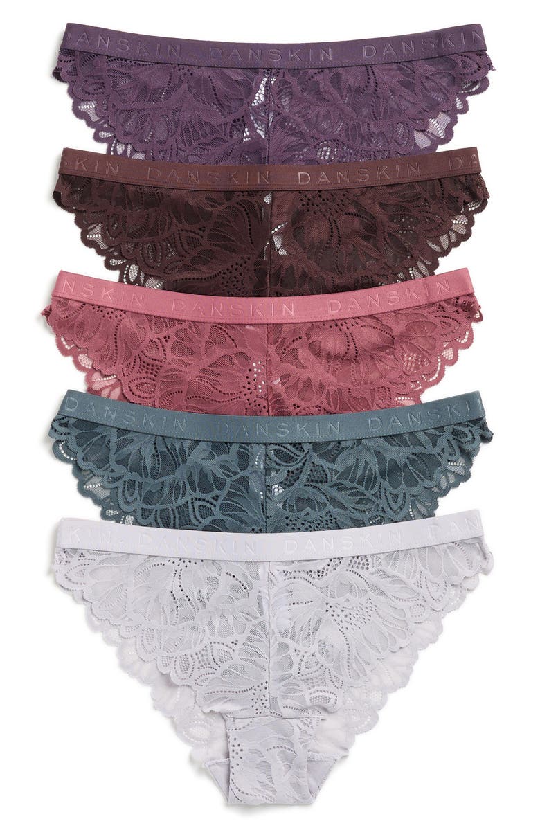 Danskin 5-Pack Lace Cheeky Bikinis, Main, color, Wood/ Mauve/ Violet/ Haze/ Ivy