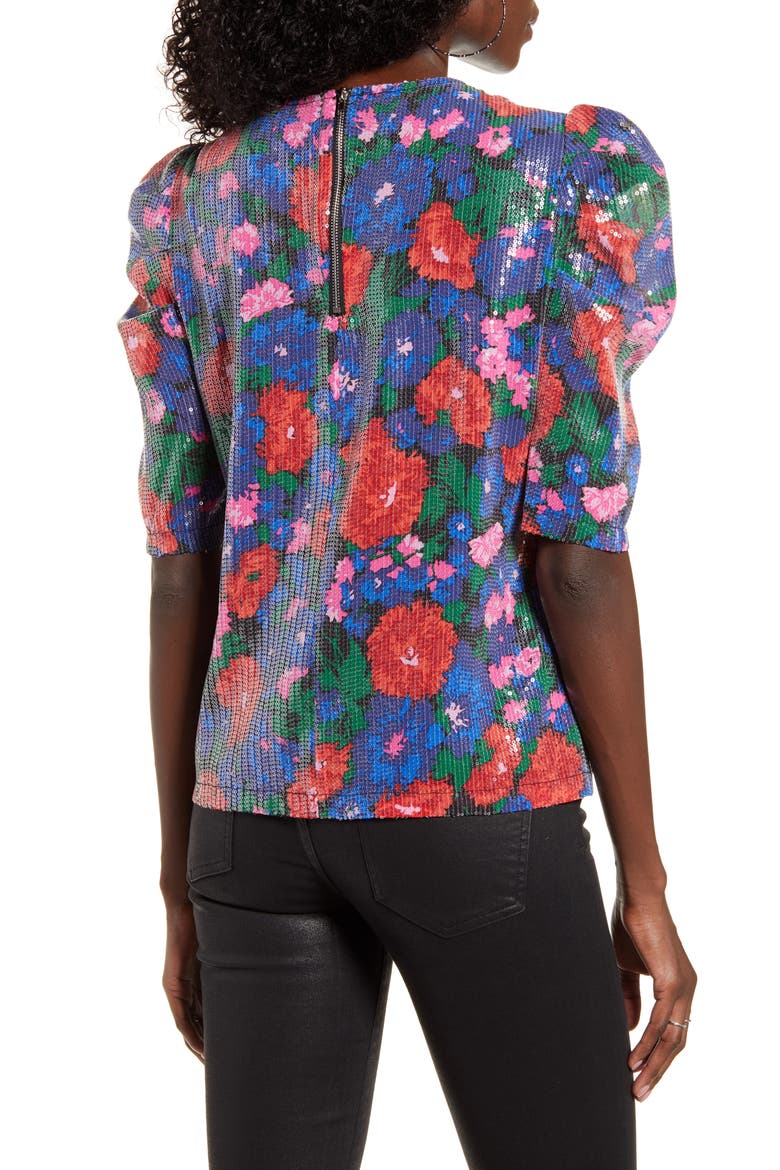 Greyson Sequin Puff Sleeve Top, Alternate, color, BLUE FLORAL SEQUINS